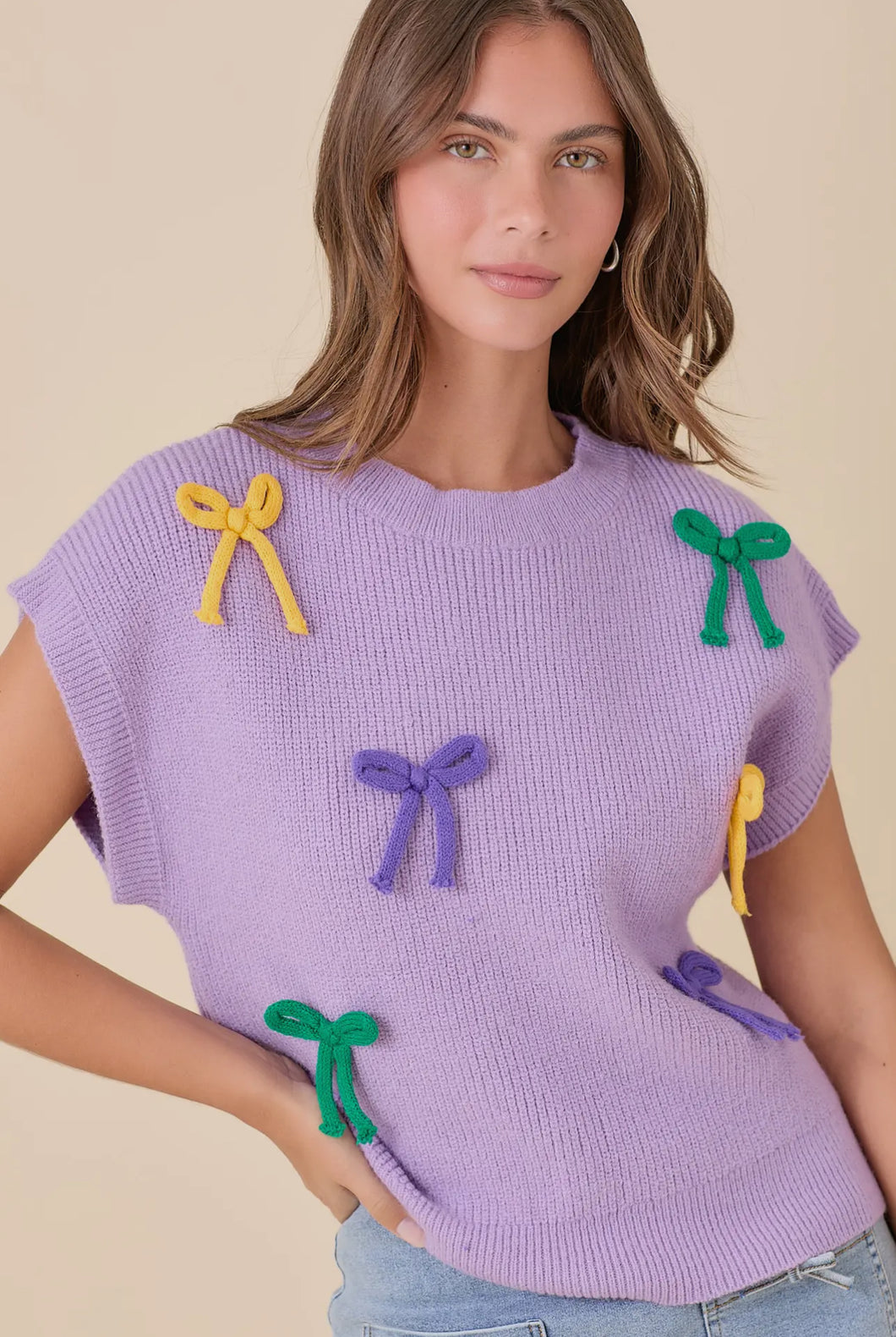 Mardi Gras Bow Knit Top