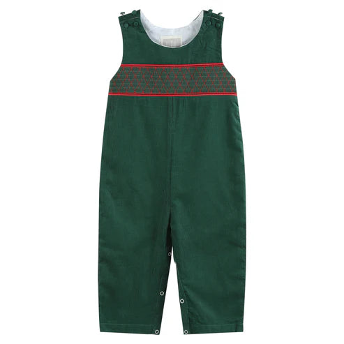green smocked christmas overalls