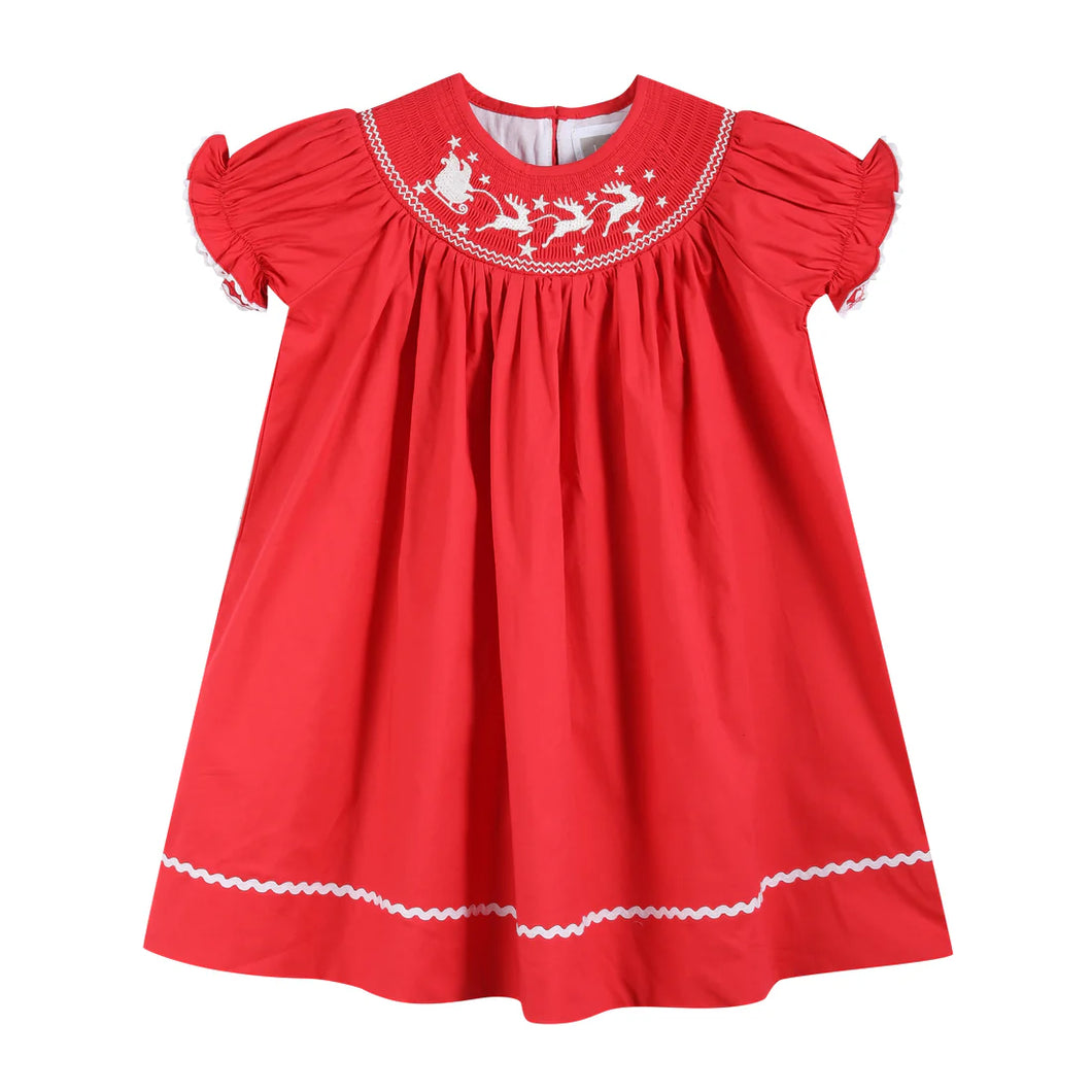 red santa sleigh smocked dress