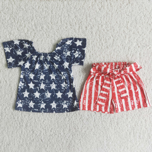 Star Short Sleeve & Belted Red Stripe Shorts Set - A Mama's Lullaby